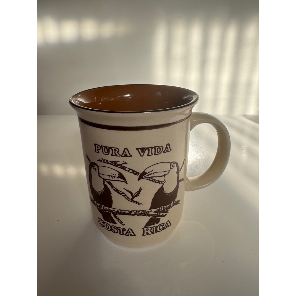 Costa Rica Pura Vida Toucan Souvenir Coffee Mug Brown Cream Stoneware 4.5 inch